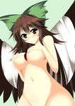  :o between_breasts bird_wings blush bow breasts brown_hair cleavage collarbone covering covering_breasts cowboy_shot green_background green_bow groin hair_bow large_bow large_breasts long_hair looking_at_viewer navel nitoridio nude open_mouth out-of-frame_censoring red_eyes reiuji_utsuho ribbon simple_background solo stomach third_eye touhou very_long_hair wings 