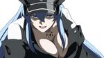  1girl akame_ga_kill! blue_eyes blue_hair breasts cleavage colored_eyelashes esdeath esdese hat highres large_breasts long_hair military military_uniform open_mouth peaked_cap simple_background uniform very_long_hair white_background 