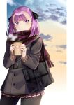 1girl bag black_legwear casual coffee_cup commentary_request cowboy_shot cup disposable_cup dusk fate/grand_order fate_(series) hair_ribbon helena_blavatsky_(fate/grand_order) long_sleeves nishimi_shin pantyhose parted_lips plaid plaid_scarf pleated_skirt purple_eyes purple_hair ribbon scarf short_hair shoulder_bag skirt solo 