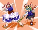  bare_legs commentary_request green_hair h.dupp_(nama_aakiruu) hand_on_head hat multiple_girls onozuka_komachi open_mouth pain red_hair rod_of_remorse sandals shiki_eiki touhou two_side_up 