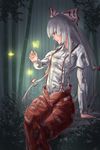  bamboo bamboo_forest bow bug butterfly forest fujiwara_no_mokou hair_bow insect long_hair minami_koyogi nature open_mouth red_eyes ribbon silver_hair sitting solo suspenders touhou very_long_hair 