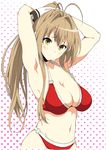  amagi_brilliant_park antenna_hair armpits arms_behind_head arms_up bikini blush bow breasts brown_hair cleavage hair_bow halftone halftone_background large_breasts long_hair navel o-ring o-ring_bottom o-ring_top polka_dot polka_dot_background ponytail red_bikini sento_isuzu solo swimsuit very_long_hair yellow_eyes yoshiki360 