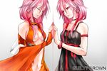  agepan bare_shoulders breasts center_opening cleavage closed_eyes detached_sleeves dress dual_persona elbow_gloves fingerless_gloves gloves guilty_crown hair_ornament hairclip long_hair medium_breasts navel open_mouth pink_hair red_eyes twintails yuzuriha_inori 