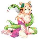  :t bare_shoulders blonde_hair breasts chinese_clothes cleavage collarbone green_eyes long_hair medium_breasts meimei_(p&amp;d) miaku off_shoulder pout puzzle_&amp;_dragons snake solo turtle_shell 