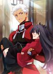  1girl archer black_hair blue_eyes carrying dark_skin fate/stay_night fate_(series) highres nogi_(acclima) princess_carry toosaka_rin two_side_up white_hair 