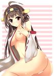  ahoge arm_support ass bar_censor bare_legs bare_shoulders blush breasts brown_hair censored cleavage collarbone detached_sleeves double_bun hair_ornament hairband hand_on_own_chest headgear highres japanese_clothes kantai_collection kongou_(kantai_collection) large_breasts long_hair lying midriff navel nipples nitoridio nontraditional_miko on_side open_clothes open_mouth purple_eyes ribbon-trimmed_sleeves ribbon_trim smile solo 