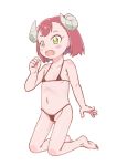  1girl barefoot bikini blush blush_stickers breasts curled_horns demon_girl demon_horns endro! green_eyes hand_up horns kneeling looking_at_viewer mao_(endro!) micro_bikini navel nipples red_hair short_hair simple_background small_breasts solo swimsuit swimwear white_background 