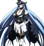  1girl akame_ga_kill! aqua_hair blue_eyes blue_hair boots breasts cleavage esdeath esdese hair_over_one_eye hat highres large_breasts long_hair looking_at_viewer military military_uniform peaked_cap simple_background skirt solo standing sword thigh_boots thighhighs thighs uniform very_long_hair weapon white_background white_legwear 