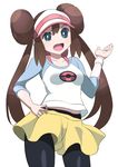  blue_eyes brown_hair double_bun long_hair mei_(pokemon) pantyhose pokemon pokemon_(game) pokemon_bw2 raglan_sleeves shift_(waage) shorts solo twintails visor_cap 