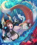  absurdres black_hair breasts bubble cleavage detached_sleeves fangs head_fins highres large_breasts mermaid monster_girl open_mouth original red_eyes settyaro ship skull solo tail underwater watercraft webbed_hands 