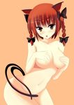  animal_ears bangs blush bow braid breasts cat_ears cat_tail cleavage collarbone covering covering_breasts cowboy_shot groin hair_ribbon head_tilt kaenbyou_rin large_breasts looking_at_viewer multiple_tails navel nekomata nitoridio nude orange_background red_eyes red_hair ribbon short_hair simple_background solo stomach tail tongue tongue_out touhou tress_ribbon twin_braids twintails 