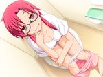  barefoot breasts censored cleavage clenched_teeth custard_cream_taiyaki dutch_angle glasses hair_ornament hairclip hijiri_tsukasa long_hair looking_at_viewer medium_breasts mosaic_censoring panties panty_pull pink_shorts pussy red_eyes red_hair shirt shorts shorts_pull sitting smile solo takarabe_ayaka teeth toilet toilet_paper toilet_use twintails underwear 