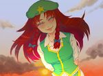  arms_behind_back blue_eyes blush braid half-closed_eyes hat hong_meiling leaning lips long_hair looking_at_viewer mago_(gengennikoniko) red_hair slit_pupils smile solo star sunset touhou twin_braids 