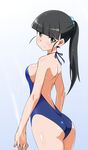  alternate_costume ass bangs bare_shoulders black_hair blunt_bangs blush casual_one-piece_swimsuit cowboy_shot highres image_sample long_hair looking_at_viewer no_eyepatch one-piece_swimsuit pixiv_sample ponytail sakamoto_mio smile solo strike_witches swimsuit tokiani wet world_witches_series yellow_eyes 