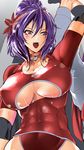  abs alternate_costume arm_over_head blush bowalia breasts cleavage_cutout elbow_pads hair_ornament huge_breasts jewelry leaf_hair_ornament muscle muscular_female navel necklace open_mouth purple_eyes purple_hair sweat touhou underboob underboob_cutout wrestling_outfit yasaka_kanako 