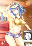  arm_support armpits bare_legs bare_shoulders blue_eyes blue_hair breasts brown_gloves can car collarbone combination_wrench cowboy_shot crop_top denim denim_shorts double_sided_wrench gloves ground_vehicle hair_bobbles hair_ornament hand_on_own_head hat headlight indoors jewelry kawashiro_nitori key key_necklace large_breasts looking_at_viewer midriff motor_vehicle navel necklace one_eye_closed open_fly radio sayossa_(pak-front) screwdriver short_shorts shorts solo standing stomach sweat tank_top taut_clothes thighs tool_kit toolbox touhou two_side_up unzipped visor_cap wrench wristband zipper 