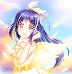  1girl bangs birthday blue_hair breasts cleavage cloud cloudy_sky commentary_request day dress eyebrows_visible_through_hair feathers frilled_dress frills hair_down hair_ribbon love_live! love_live!_sunshine!! matsuura_kanan medium_breasts ponyagii purple_eyes ribbon sidelocks sky sleeveless sleeveless_dress smile solo twitter_username wings 