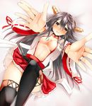  1girl blush boots breasts brown_eyes brown_hair collarbone commentary_request detached_sleeves dutch_angle hair_ornament hairclip hands haruna_(kancolle) headgear heart highres jewelry kantai_collection large_breasts leg_up long_hair looking_at_viewer lying miniskirt navel nontraditional_miko on_back open_mouth reaching reaching_towards_viewer red_skirt ring skirt solo thigh_boots thighhighs tsukui_kachou 