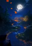  autumn_leaves blurry cloud commentary_request depth_of_field flower forest full_moon glowing mocha_(cotton) moon nature night night_sky no_humans original river scenery sky tree 