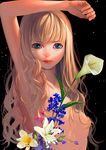  arm_up blonde_hair blue_eyes breasts covered_nipples curly_hair flower justminor long_hair looking_at_viewer nude original small_breasts solo 
