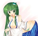  bare_shoulders blush breast_hold breasts cleavage collarbone detached_sleeves frog_hair_ornament green_eyes green_hair hair_ornament hair_tubes hanging_breasts highres kochiya_sanae large_breasts long_hair looking_at_viewer nitoridio open_mouth panties skirt skirt_set snake_hair_ornament solo striped striped_panties touhou underwear very_long_hair wide_sleeves 
