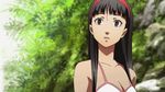  1girl amagi_yukiko animated animated_gif bikini black_hair blush breasts brown_eyes cleavage collarbone hairband long_hair medium_breasts open_mouth persona persona_4 persona_4_the_animation solo surprised swimsuit 