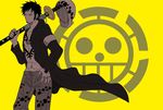  1boy earrings headwear_removed jewelry jolly_roger male male_focus nodachi one_piece open_clothes open_shirt pirate scabbard sheath sheathed_sword shirt sword tattoo trafalgar_law weapon yellow_background 