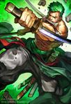  abs armband baggy_pants clothes_around_waist commentary earrings english_commentary fighting_stance green_hair james_ghio jewelry male_focus manly mouth_hold muscle one_eye_closed one_piece pants reverse_grip roronoa_zoro scabbard scar scar_across_eye sheath shirtless solo stitches triple_wielding watermark 