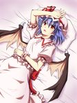  bat_wings blue_hair blush bow hat hat_bow lying on_back red_eyes remilia_scarlet rimibure sash solo touhou wings wrist_cuffs 