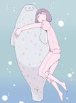  animal barefoot closed_eyes commentary dreaming full_body highres hug kari_(kakko_k) original pajamas purple_hair seal short_hair sleeping spotted_seal underwater 