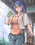  bandana belt breasts casual denim glasses jeans jewelry large_breasts long_hair luggage necklace older pants rozen_maiden silver_hair solo suigintou sweat tsuda_nanafushi 