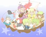  boat chen chibi cirno daiyousei inaba_tewi japanese_clothes multiple_girls mystia_lorelei rumia sen1986 seven_lucky_gods team_9 touhou watercraft wriggle_nightbug 