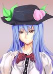  bad_id bad_pixiv_id blue_hair food fruit hat hinanawi_tenshi long_hair oimari peach red_eyes solo touhou 