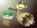  blonde_hair bow brown_eyes bucket green_eyes green_hair hair_bow in_bucket in_container kentairui kisume kurodani_yamame multiple_girls outstretched_arms short_hair spread_arms touhou twintails wooden_bucket 