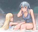  blonde_hair blush breasts cleavage large_breasts long_hair multiple_girls older one-piece_swimsuit onsen rozen_maiden shinku silver_hair sitting suigintou swimsuit tsuda_nanafushi 