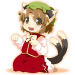  animal_ears bad_id bad_pixiv_id brown_eyes brown_hair cat_ears cat_tail chen earrings fang hat jewelry lillithlauda multiple_tails paw_pose short_hair sitting solo tail touhou 
