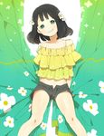  arms_behind_back black_hair copyright_request curtain_grab curtains flower green_eyes grin hair_flower hair_ornament md5_mismatch mosuko open_fly short_shorts shorts smile solo strap_slip unzipped 