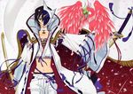  absurdres animal animalization bird black_hair c.c. cape code_geass flamenco fukano_youichi hair_over_one_eye highres lelouch_lamperouge long_hair long_sleeves looking_at_viewer male_focus misaka_mikoto navel simple_background solo standing stomach white_background wings 