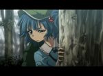  anime_coloring backpack bag blue_eyes blue_hair close-up forest hair_bobbles hair_ornament hat highres hyuuga_azuri kawashiro_nitori letterboxed nature outdoors peeking peeking_out raised_eyebrow short_hair short_twintails solo squinting touhou tree twintails two_side_up uneven_eyes wallpaper 
