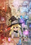  annoyed blonde_hair book cage cake disco_ball fairy flask flower food gloves hat highres jewelry ladder mouth_hold mushroom necklace original pastry pen purple_eyes room round-bottom_flask solo statue tsurusaki_yuu unicorn wings witch witch_hat 