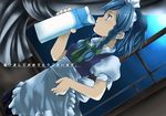  akeome apron bad_id bad_pixiv_id blue_eyes blue_hair braid drinking happy_new_year izayoi_sakuya maid maid_headdress milk milk_carton new_year short_hair solo suzu_(suzuko) touhou translation_request twin_braids window 