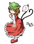  animal_ears brown_eyes brown_hair cat_ears cat_tail chen earrings eighth_note fechirin hat jewelry looking_back multiple_tails musical_note short_hair solo speech_bubble spoken_musical_note tail touhou 