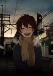  bad_id bad_pixiv_id breath brown_hair city closed_eyes coat highres itou_hiroyuki_(caravina) original overhead_line power_lines railroad_signal railroad_tracks scarf short_hair smile solo train_station winter_clothes winter_coat 