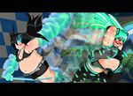  aqua_hair black_hair black_rock_shooter black_rock_shooter_(character) blue_eyes fat hatsune_miku long_hair multiple_girls parody shorts vocaloid 