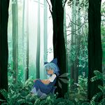  against_tree blue_eyes blue_hair cirno forest hairband highres mary_janes moriya_suo nature plant ribbon scenery shoes sitting solo touhou tree wings 