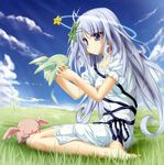  77 absurdres barefoot blue_eyes blue_hair cloud day grass highres kuu_(77) long_hair sitting sky solo tenmaso 