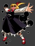  blonde_hair crazy_eyes danmaku fang foreshortening hair_ribbon hands mary_janes nada_haruka open_mouth outstretched_arms ponytail red_eyes ribbon rumia shoes short_hair side_ponytail solo spread_arms touhou 