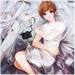  amber_tobi bad_id bad_pixiv_id bed blue_eyes camera copyright_request dress glasses lying photo_(object) red_hair short_hair solo 