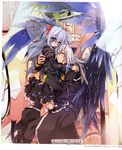  1girl angel_wings animal_ears ashe_(under_the_moon) blue_eyes cat_ears closed_eyes dress hug kyle_(under_the_moon) silver_hair smile toujou_sakana under_the_moon watermark wings 