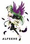  alfine arm_warmers bad_id bad_pixiv_id black_legwear boots crown demon_girl demon_tail full_body gloves green_eyes green_hair horns long_hair looking_at_viewer n_(nst) pantyhose pointy_ears shinrabanshou simple_background smile solo tail very_long_hair white_background wings 